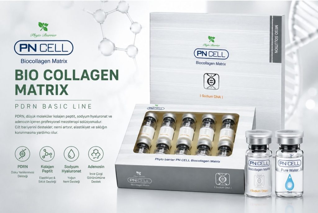 PN CELL Biocollagen Matrix PDRN ve kolajen peptit içeren, 30-60 yaş arası kadınlarda cilt nemi, elastikiyet ve sağlıklı cilt görünümünü destekleyen profesyonel bakım ürünü